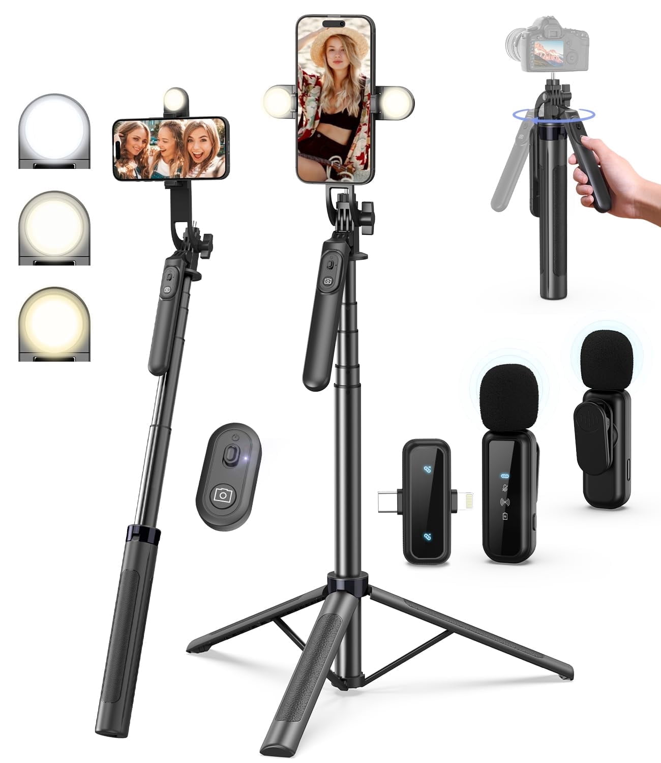 Content Creator Essentials Kit for iPhone/Android, 71" Adjustable Phone Tripod with Light, Wireless Remote & Microphone