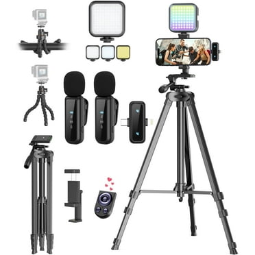 Vlogging Kit For IPhone, YouTube TikTok Podcast Video Recording Starter Kit For Content Creators, Equipment: Full Size Tripod, Phone Stabilizer, Shotgun Microphones & LED Lights