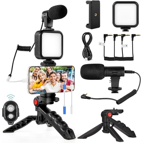 Vlogging Kit for iPhone, Android (with Tripod), with Mini LED Video Light + Cardioid Microphone + Phone Clip + Tripod for Video Calling, Vlogging, YouTube, Instagram, TikTok