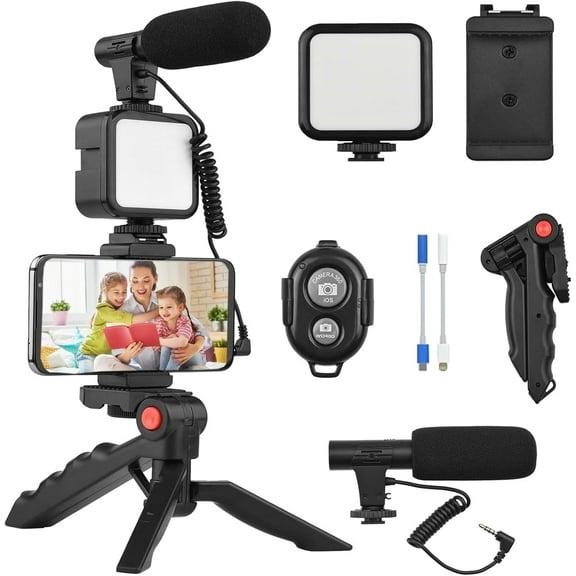 Vlogging Kit for iPhone, Android (with Tripod), with Mini LED Video Light + Cardioid Microphone + Phone Clip + Tripod for Video Calling, Vlogging, YouTube, Instagram, TikTok
