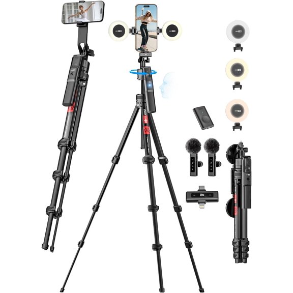 Vlogging Kit w/Remote,YouTube Starter Kit,Auto Face Tracking Tripod for iPhone w/Light,Phone Stand Video Recording,Camera Mount Tripod,Wireless Lavalier MicrophoneR01 Pro Combo1