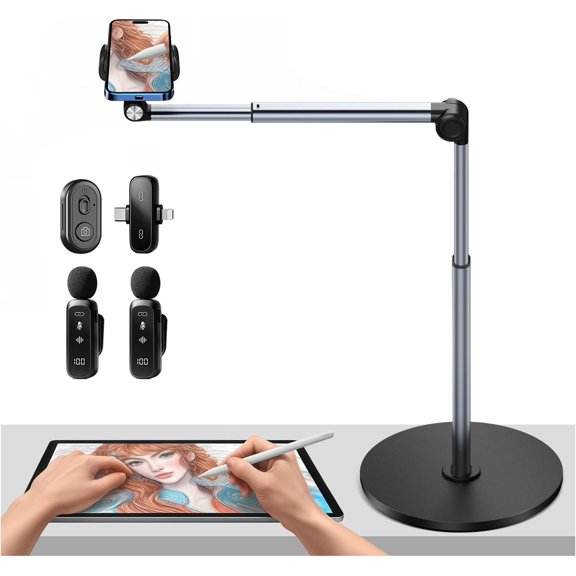 Vlogging Kit with Overhead Phone Mount Microphone Remote and Flexible Articulating Arm for iPhone Android