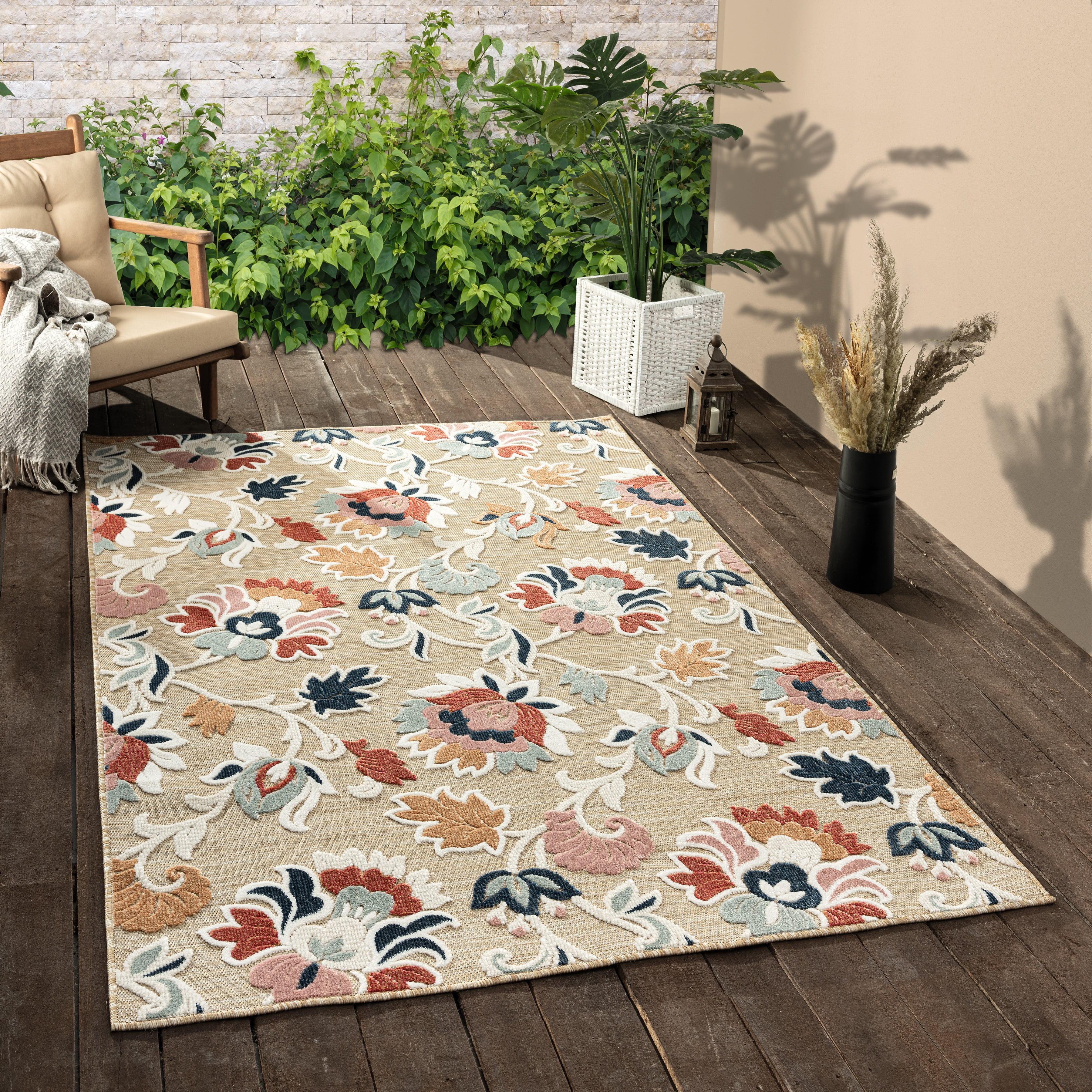 Beige Floral Synthetic 8' x 10' Reversible Rug