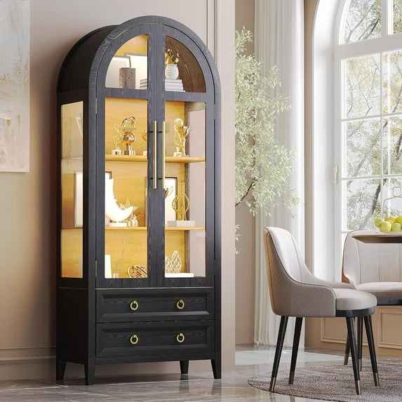 Vlsrka 71 Inch Arched Curio Cabinet, 4-Tier Display Cabinet and 2 Drawers, Tall Bookcase with 3 Color Lights, Display Case with Glass Doors, Kitchen Pantry, Black+Wood
