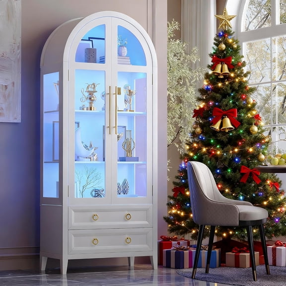 Vlsrka 71 Inch Arched Curio Cabinet, 4-Tier Display Cabinet and 2 Drawers, Tall Bookcase with 3 Color Lights, Display Case with Glass Doors, Kitchen Pantry, White