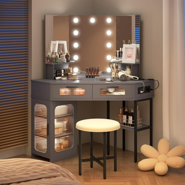 Vlsrka Corner Vanity Desk with Mirror and Lights Corner Vanity Table with Charging Station Power Strip Corner Makeup Vanity with Hollywood Mirror and Chair 3 Color Dimmable Lighting Black Walmart