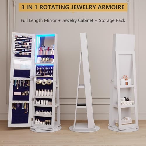 360° Rotating Jewelry Armoire With Full Length Mirror & LED Lights – Lockable