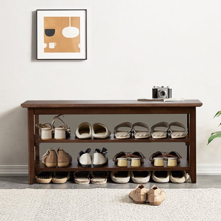 Vlush Shoe Rack Bench,3 Tier Wooden Storage Bench, Shoe Organizer or Entryway Bench, Good Load Bearing, Ideal for Entryway Hallway Living Room and Corridor Dark Brown 39.4"