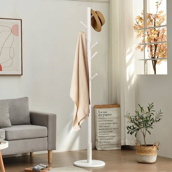 Vlush Wooden Coat Rack Stand, Entryway Hall Tree Coat Tree with Sturdy Solid Round Base for Hat,Clothes,Purse,Scarves,Handbags,Umbrella(8 Hooks,Ivory White)