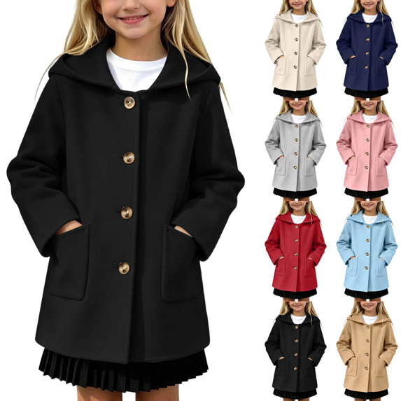 Vmberlty Children Winter Coats 5-15 Years Old Kids Solid Color Hooded Wool Blend Coats Single Breasted Long Sleeve Mid-Length Windproof Trench Coats with Pockets Autumn Winter Casual Outerwear