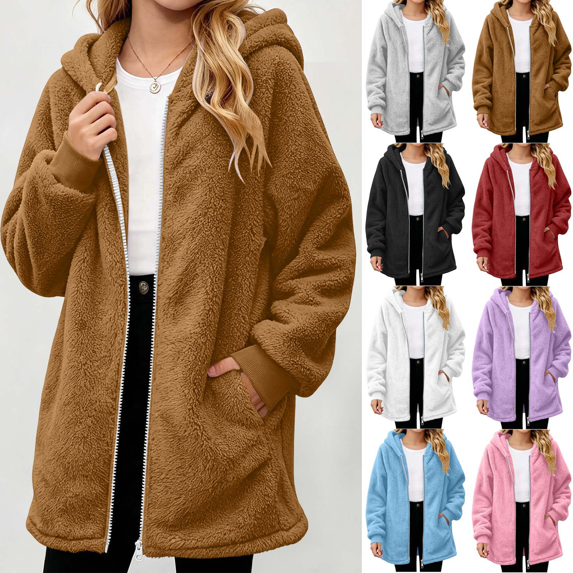 Vmberlty Girls Puff Jackets with Hood Autumn Winter Solid Color Double Fleece Hooded Jackets Loose Casual Mid-Length Zipper Coat Thick Warm Outerwear for Teen Girls