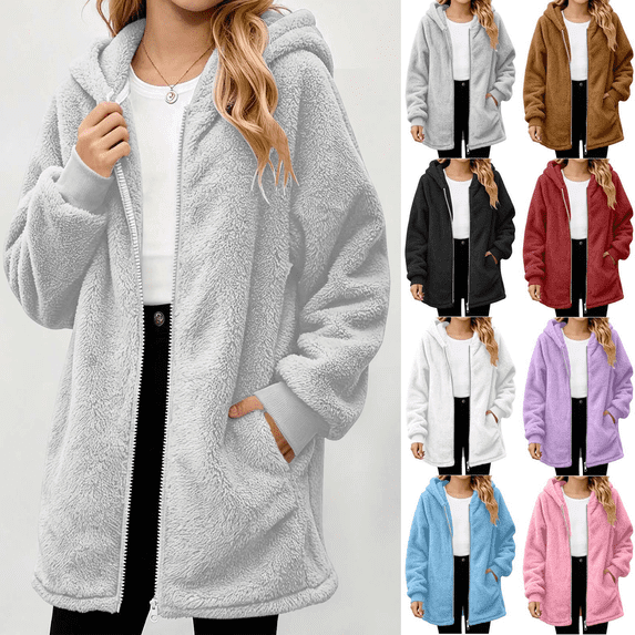 Vmberlty Girls Puff Jackets with Hood Autumn Winter Solid Color Double Fleece Hooded Jackets Loose Casual Mid-Length Zipper Coat Thick Warm Outerwear for Teen Girls