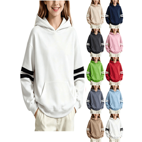 Vmberlty Hoodies for Girls 2-14 Years Old, Striped Sleeve Pullover Hoodie with Kangaroo Pocket, Loose Drop Shoulder Kids Casual Sport Sweatshirts