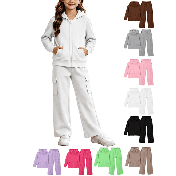 Vmberlty Kids 2 Piece Tracksuits Girl's Solid Color Fall Winter Outfits Zip Up Hooded Sweatshirts and Cargo Pants Casual Active Sets for 1‑13 Years