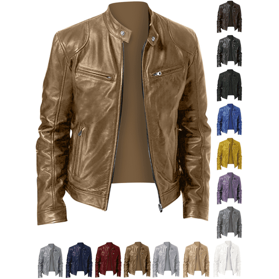 Vmberlty Leather Jackets for Men Fashionable Solid Color Long Sleeve Casual Outerwear Lapel Zipper Up Leather Jackets