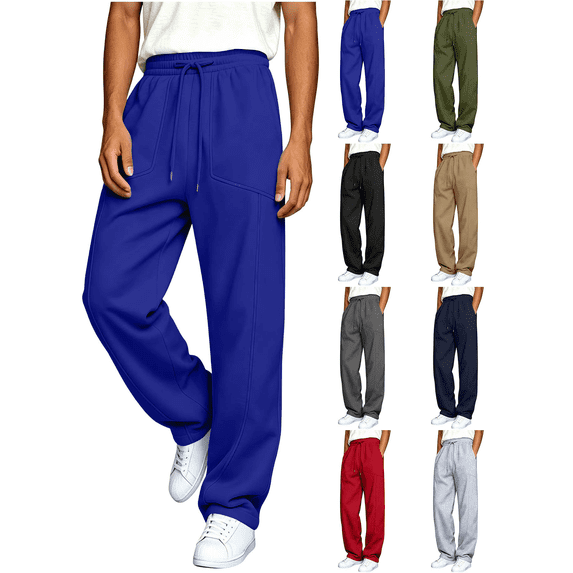 Vmberlty Men Wide Leg Pants Men's Solid Color Casual Sweatpants Adjustable Drawstring Elastic Waist Pockets Design Casual Fashion Long Trousers