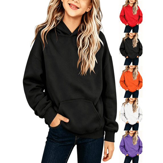Vmberlty Toddler Girl Sweatshirts 2-13 Years Old Girls Solid Color Pullovers Casual Drawstring Long Sleeve Thin Autumn Daily Fashion Hoodies