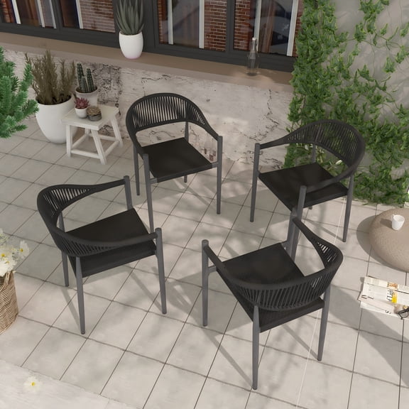 Vmopu 4-PCS Black Stackable Outdoor Hand-Woven Wicker Arm Dining Chair Bistro Chair , Aluminum Frame with Textilene Cushion