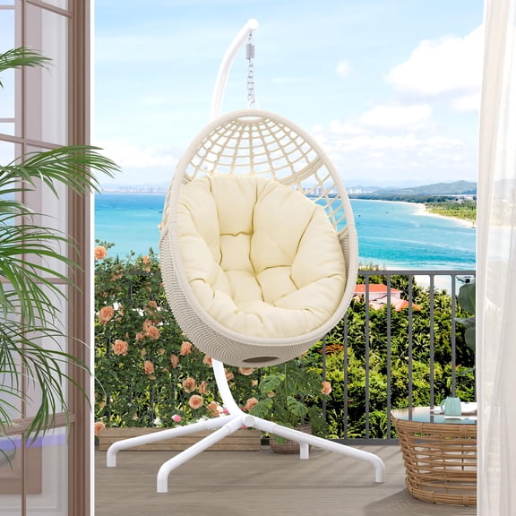 Vmopu Egg Swing Chair with Stand Beige Outdoor - Rattan Wicker Patio Hanging Basket Hammock Chair with Metal Frame and UV Resistant Cushion for Indoor Bedroom Balcony (Claws Base)