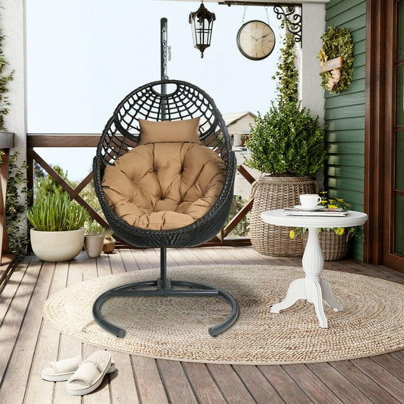 Vmopu Indoor and Outdoor Brown PE Wicker Hanging Egg Chair with Stand and Pillow, 330 Capacity