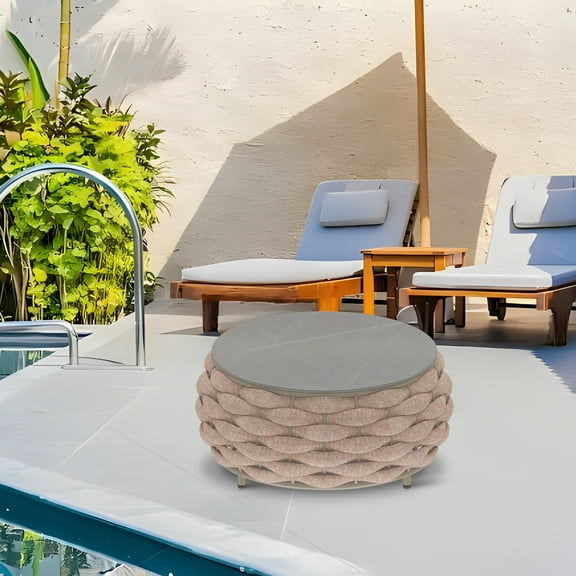 Vmopu Textilene Metal Frame Round Outdoor Coffee Table with Rock Slabs Table-Top for Oasis, Balcony, Garden, Backyard