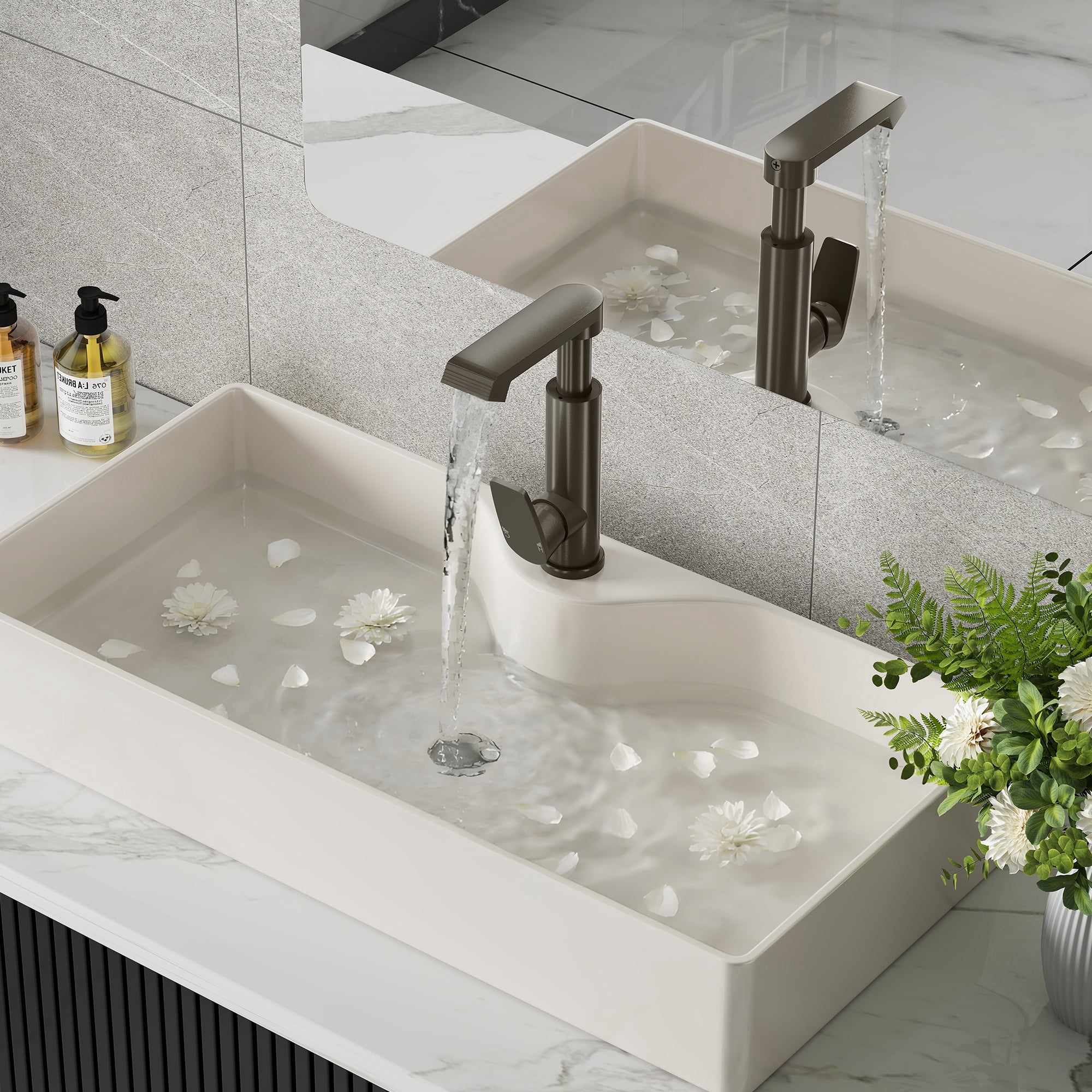 Vmopu Waterfall Bathroom Faucet Space Aluminum Brushed Gray Modern  Bathroom Sink Faucet with Single Handle one Hole with Hose for Vanity Basin RV Lavatory