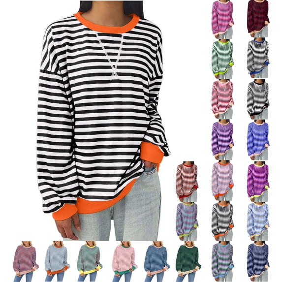 Vmvidoty 2026 Fashion Clothing Women Loosse Fit Striped Crewneck Sweatshirt 22 Colors Size S-6XL Available Long Sleeve Color Block Pullover Tops Casual Workout Shirt Orange 2XL