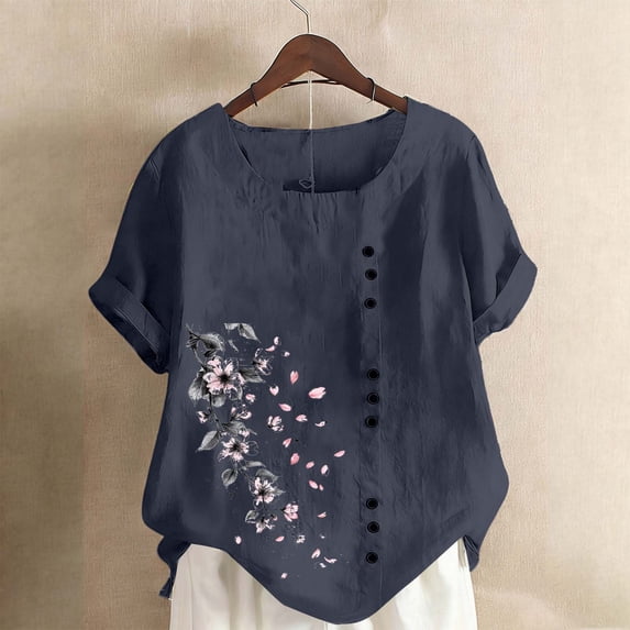 Vmvidoty 2026 Fresh Fashion Cotton Linen Vintage Oil Painting Style Bouquet Print Top for Women Spring And Summer Round Neck Short Sleeve Casual Button T-Shirt Navy S