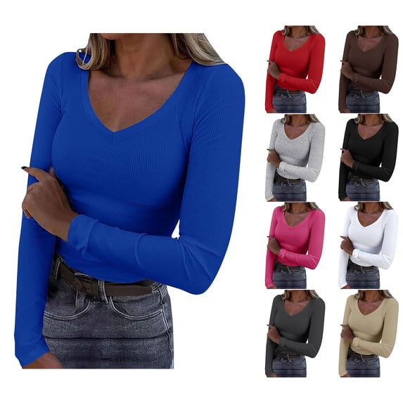 Vmvidoty 2026 Long Sleeve Shirts for Women V Neck Top Ribbed Knit Fitted Basic Tee Going Out Tops Casual Trendy Fall Outfits Blue XL