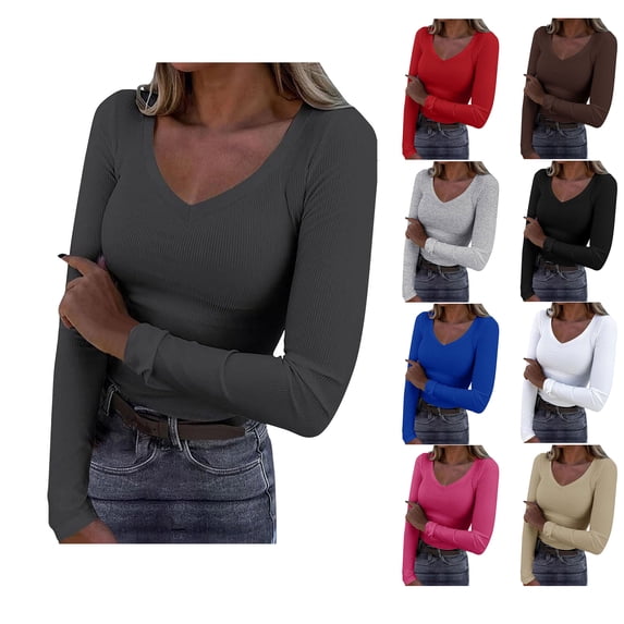 Vmvidoty 2026 Long Sleeve Shirts for Women V Neck Top Ribbed Knit Fitted Basic Tee Going Out Tops Casual Trendy Fall Outfits Dark Gray S