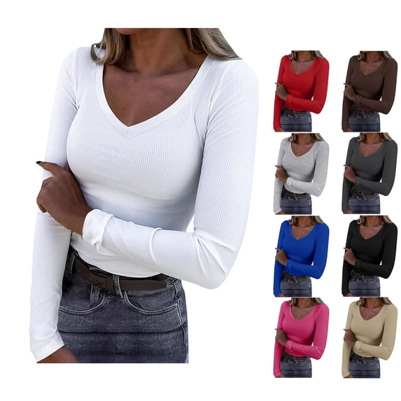 Vmvidoty 2026 Long Sleeve Shirts for Women V Neck Top Ribbed Knit Fitted Basic Tee Going Out Tops Casual Trendy Fall Outfits White S
