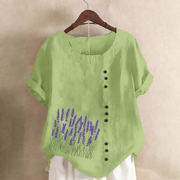 Vmvidoty 2026 Spring and Summer Cool Fashion Cotton Linen Vintage Oil Painting Style Bouquet Print Top for Women Round Neck Short Sleeve Casual Button T-Shirt Green S