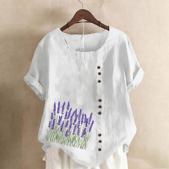 Vmvidoty 2026 Spring and Summer Cool Fashion Cotton Linen Vintage Oil Painting Style Bouquet Print Top for Women Round Neck Short Sleeve Casual Button T-Shirt White S
