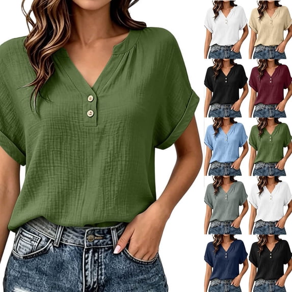 Vmvidoty 2026 Tops for Women Short Sleeve Plus Size Elegant Button Up Shirts V Neck Work Tunic Blouses Fashion Solid T-shirts Top Green M