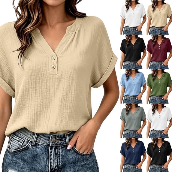 Vmvidoty 2026 Tops for Women Short Sleeve Plus Size Elegant Button Up Shirts V Neck Work Tunic Blouses Fashion Solid T-shirts Top Khaki L