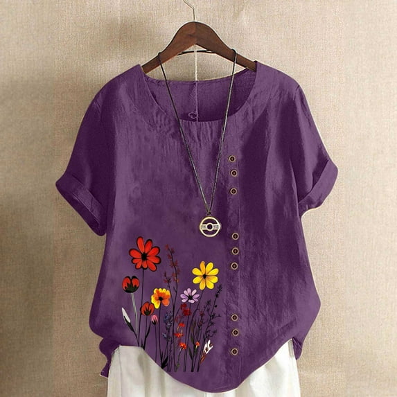 Vmvidoty 2026 Women's Soft Short Sleeve Tee Spring And Summer Round Neck Rose Print Short Sleeve Casual Fashion Button T-Shirt Purple S