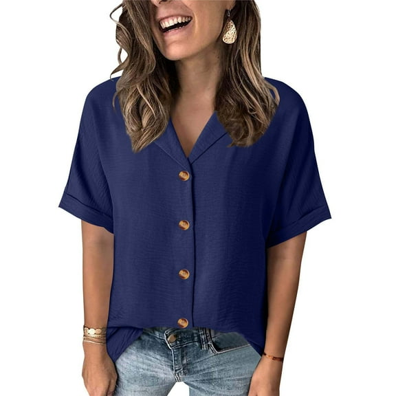 Vmvidoty 2026 Womens Short Sleeve Casual Button Down Shirts Summer Soft Fashion Cotton Blouses Tops with Pocket Dark Blue XL