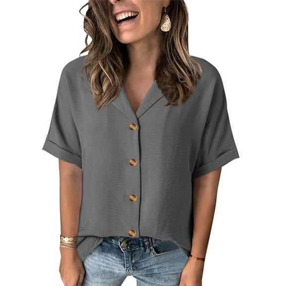 Vmvidoty 2026 Womens Short Sleeve Casual Button Down Shirts Summer Soft Fashion Cotton Blouses Tops with Pocket Gray L