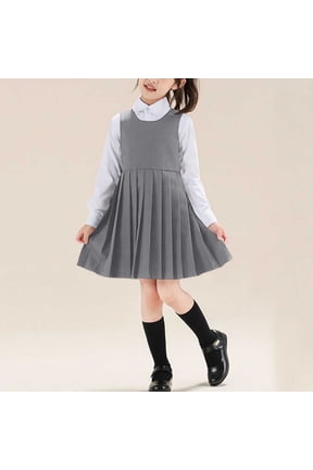 3-15Y Girls School Uniform Three Piece Set - Campus Style Shirts & Skirts & Necktie Set Gray 5-6 Years