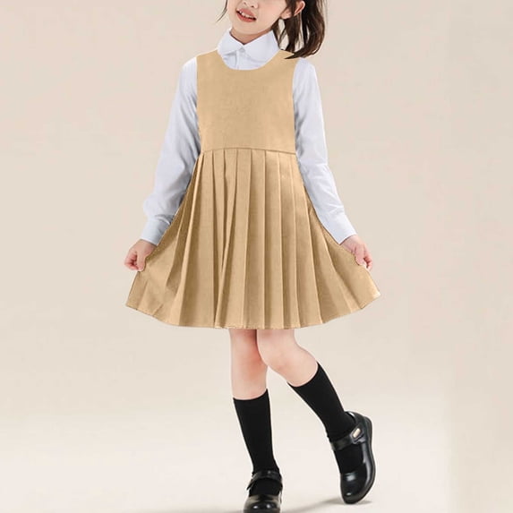 Vmvidoty 3-15Y Girls School Uniform Three Piece Set - Campus Style Shirts & Skirts & Necktie Set Khaki 12-13 Years