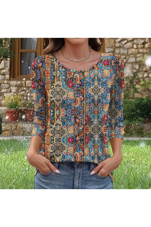 3/4 Length Sleeve Womens Tops Summer Casual Pleated Scoop Neck Blouses Loose Fit Tunic Shirts Brown M