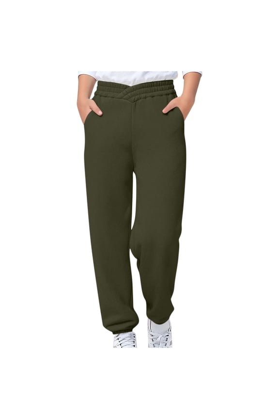 4-15Y Children's Thermal Fleece Cargo Sweatpants with Pocket Pull-on Relaxed Fit School Uniform Pant (Standard & Husky) Army Green 130
