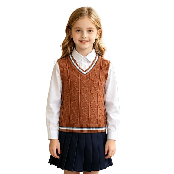 Vmvidoty Knitted Uniform College Style V-Neck Sleeveless Pullover Sweater Vests Toddler Kids