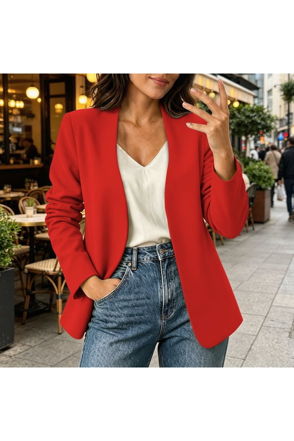 Blazers for Women Business Long Sleeve Collarless Open Front Suit Jacket Work Office Jacket Blazers Red M