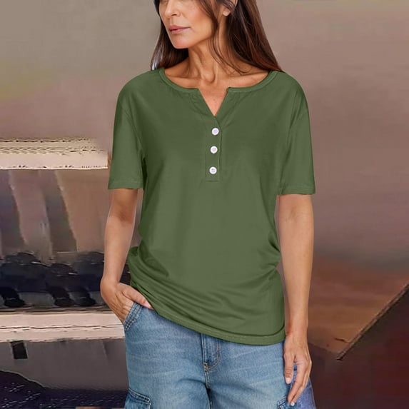 Vmvidoty Blouses for Women Dressy Casual Solid Color Medium Short Sleeve-Neck Top Army Green XXL