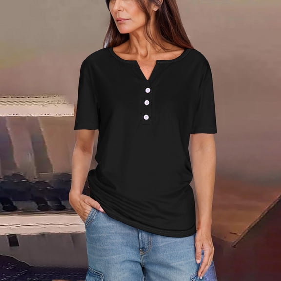 Vmvidoty Blouses for Women Dressy Casual Solid Color Medium Short Sleeve-Neck Top Black S
