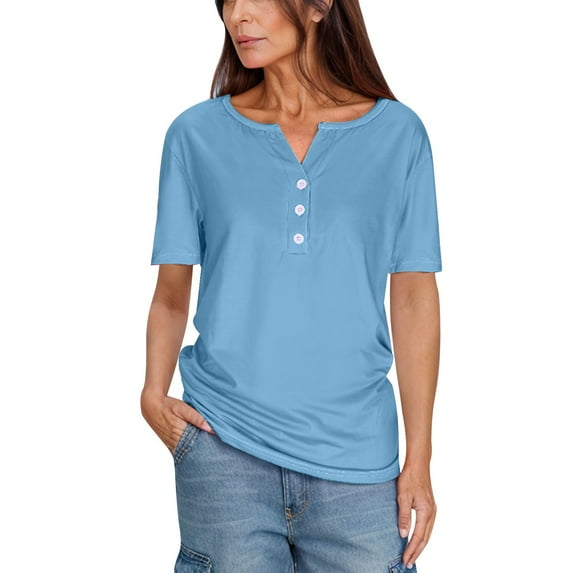 Vmvidoty Blouses for Women Dressy Casual Solid Color Medium Short Sleeve-Neck Top Light Blue M