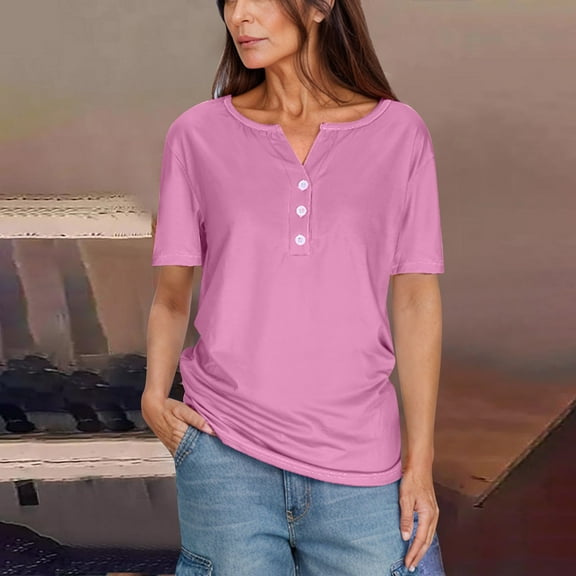 Vmvidoty Blouses for Women Dressy Casual Solid Color Medium Short Sleeve-Neck Top Pink S