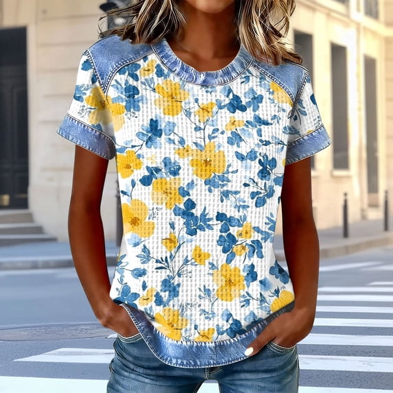 Vmvidoty Blouses for Women Dressy Crew Neck Short Sleeve Summer Tops Casual Floral Printed Shirts Yellow 3XL