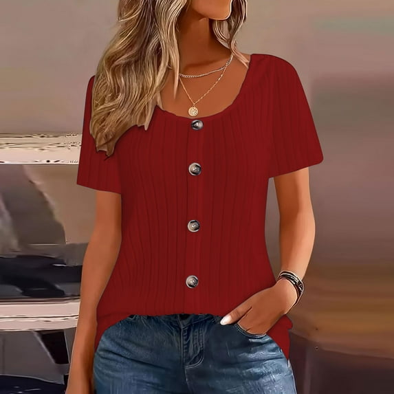 Vmvidoty Blouses for Women Dressy Round Neck Button Summer Tops Casual Tunic Shirts Red XXXXL